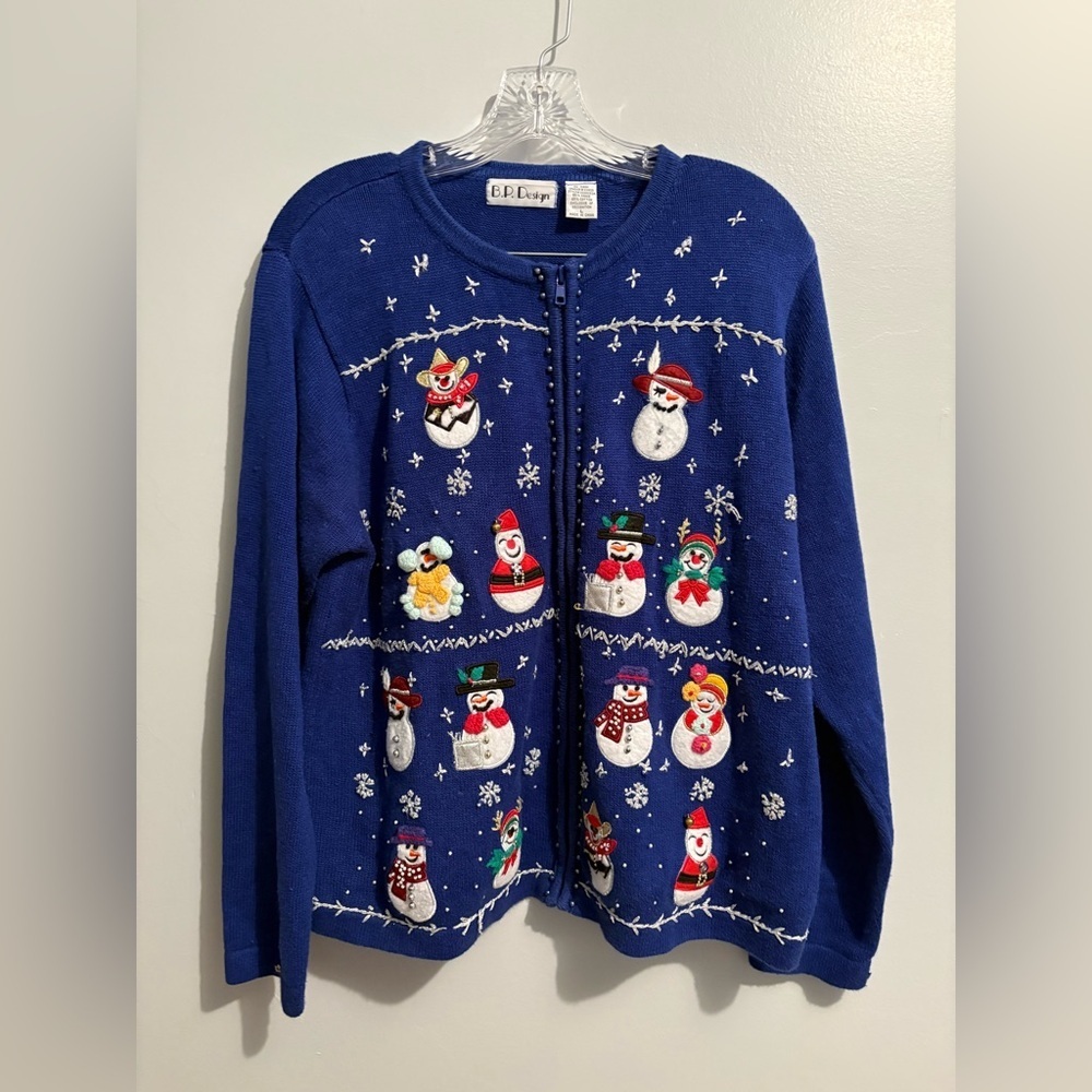 BP Design Vintage Women’s Large Cardigan Snowman Royal Blue Holiday Sweater